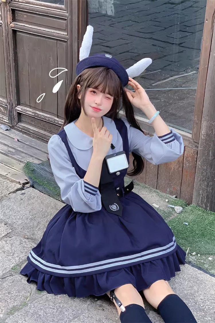 Blue Rabbit Officer Long Sleeves Printed Ruffled Faux Two-Piece College Style Sweet Dress