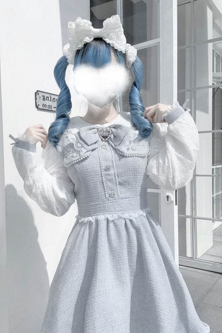 Grey Long Sleeve Bow Lace Pearl Sweet Jirai Kei Dress