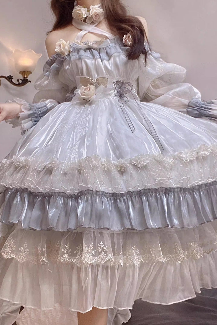 Princess Lolita Dress with Multi-Layer Ruffles, Bowknot, Lace-Up, Grey/Blue