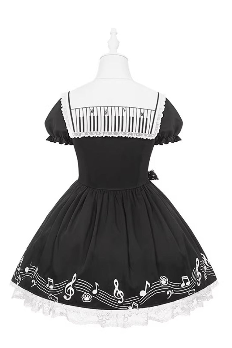 Black Melody Kitty Doll Collar Short Sleeves Ruffled Embroidered Bow Lace Sweet Dress