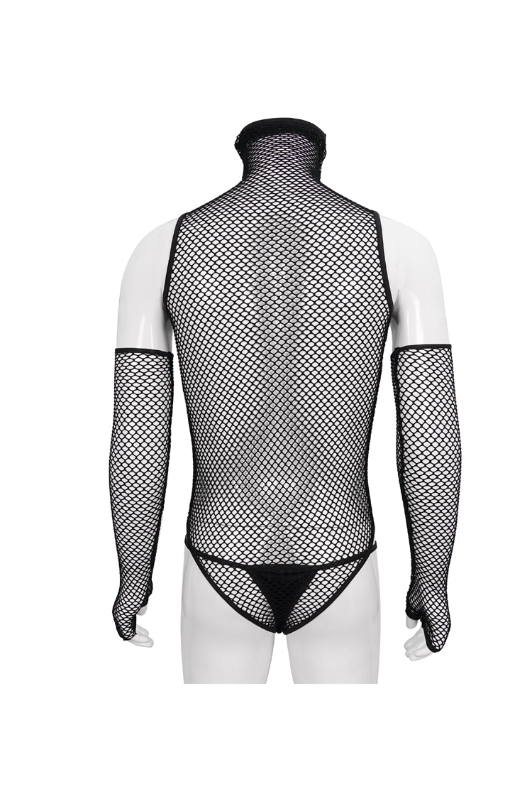 Sheer Mesh High-Collar Punk Onesie with Masked Gloves for Men