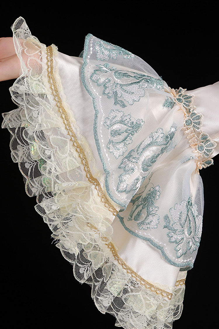 Blue and Champagne Trumpet Sleeve Victorian Gown - Hollow Embroidery