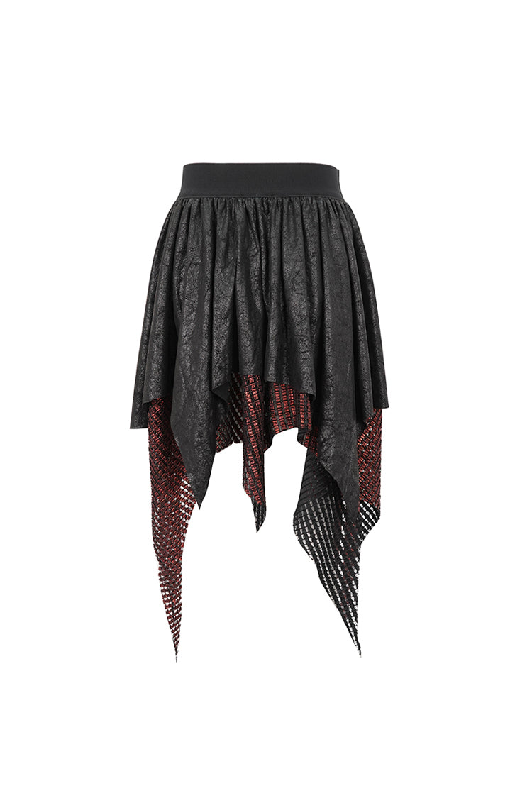 Crimson Noir Asymmetrical Mesh Patch Buckled Women's Gothic Skirt