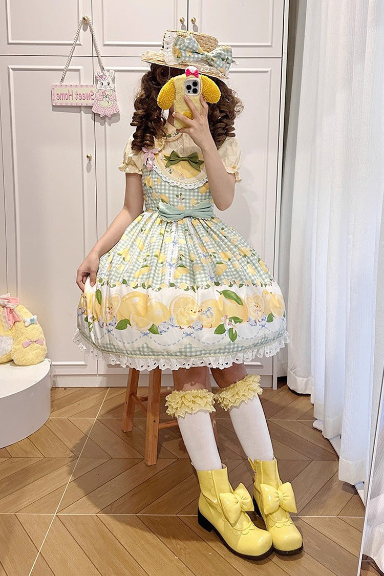 Verdant Printed Ruffle Bow Lace Sweet Jumper Dress - Lemon Chicken