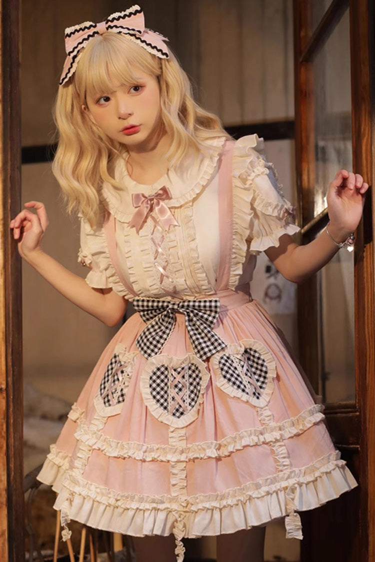 Pink Dorothy Heart Ruffled Bowknot Sweet Lolita Strap Dress