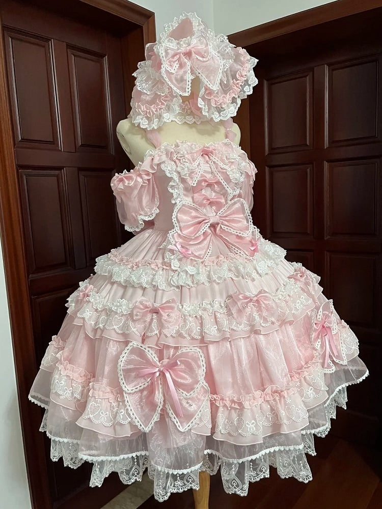 Sweet Pink Bow Accents and Bead Details Princess Lolita Dress with Big Bow at Back – MK Kawaii Store