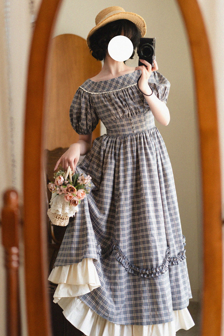 Vintage Elegant Lolita Dress with Boat Neck, Short Sleeves, Ruffled Hem, Grey/Blue