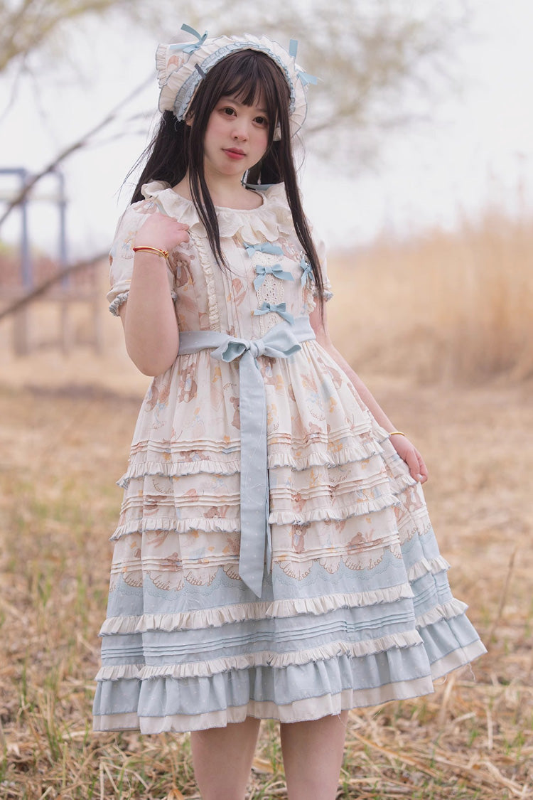 Harvest Bear Print Short Sleeve Layered Ruffle Bow Plus Size Lolita Gown