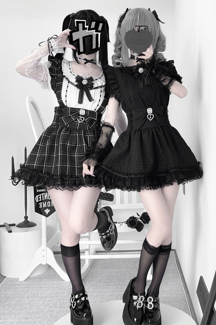 Black Plaid Bow Ruffle Lace Jirai Kei Skirt