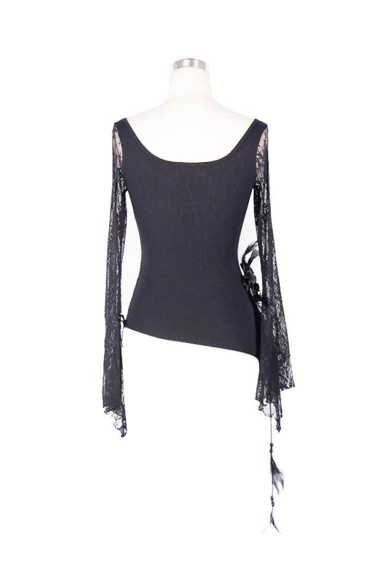 Women's Gothic T-Shirt in Black with Rose Decoration, Flare Sleeves & Irregular Lace Hem