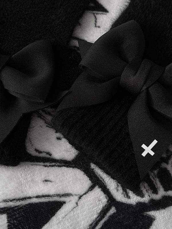 Bowknot Print Gloves at Gothic Black Finger Details With Pads White Cutout Cross