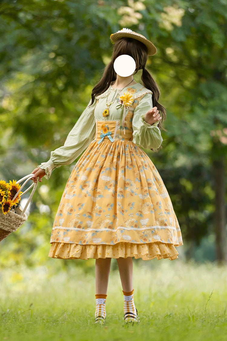 Yellow Sunflower Sleeveless Floral Bow Elegant Uplift Jsk