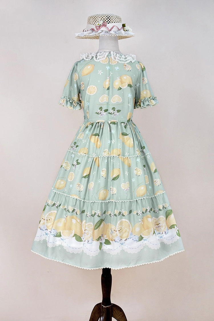 Verdant Short Sleeve Printed Ruffle Bow Lace Daily Sweet Dress - Lemon Chicken