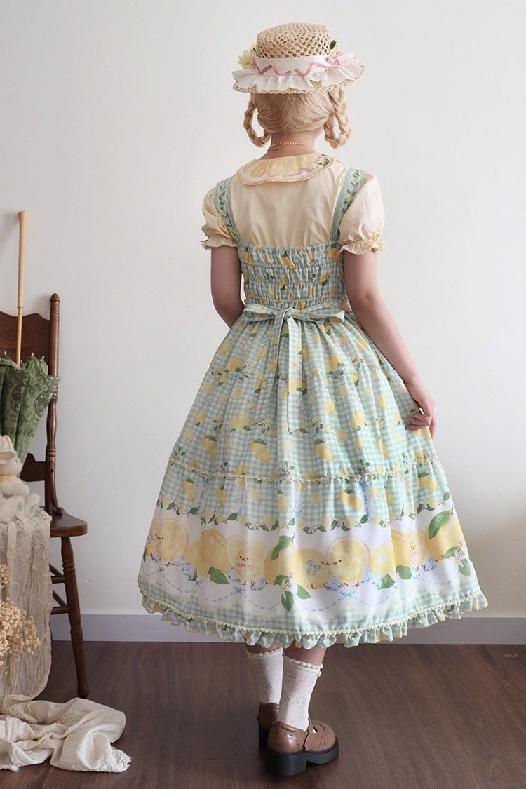 Verdant Printed Ruffle Bow Lace Sweet Long Jumper - Lemon Chicken