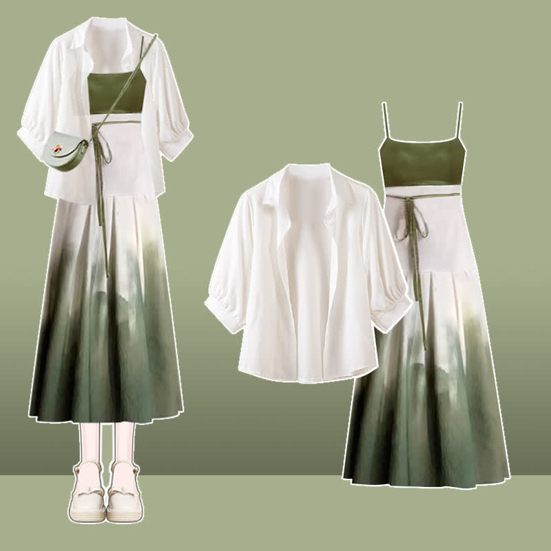 Spring Green Loose Lapel Shirt Vintage Print Slip Dress – MK Kawaii Store