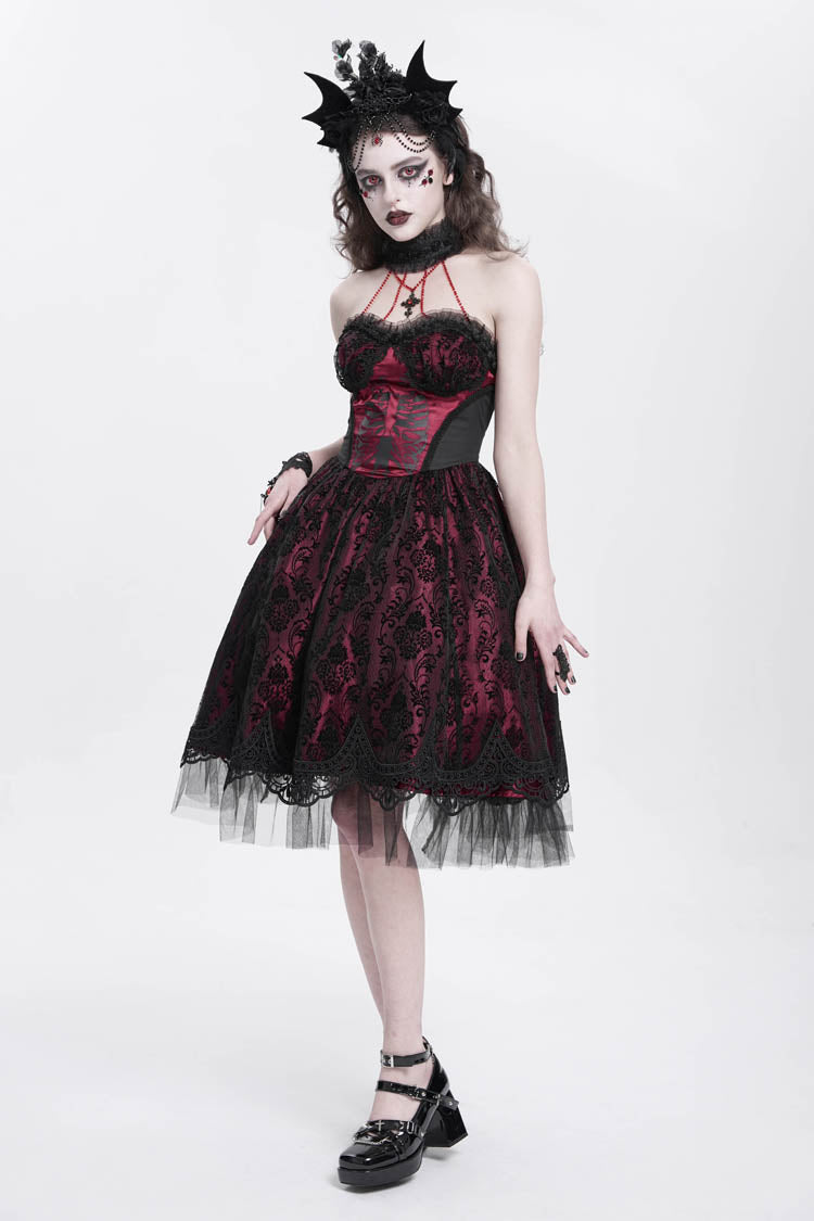 Crimson Halterneck Skeleton Print Embroidered Stitching Lace Gothic Gown