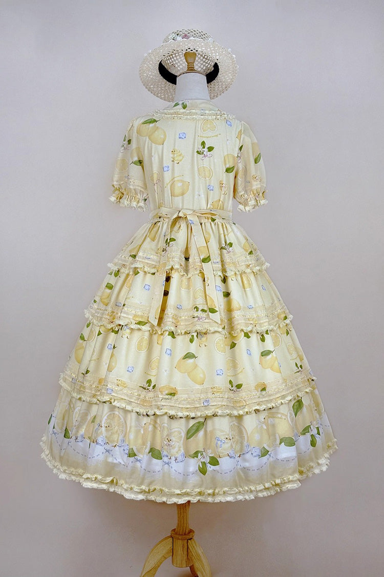 Triple-Layered Print Ruffled Bow Lace Sweet Gorgeous Lolita Dress - Yellow Lemon Chicken