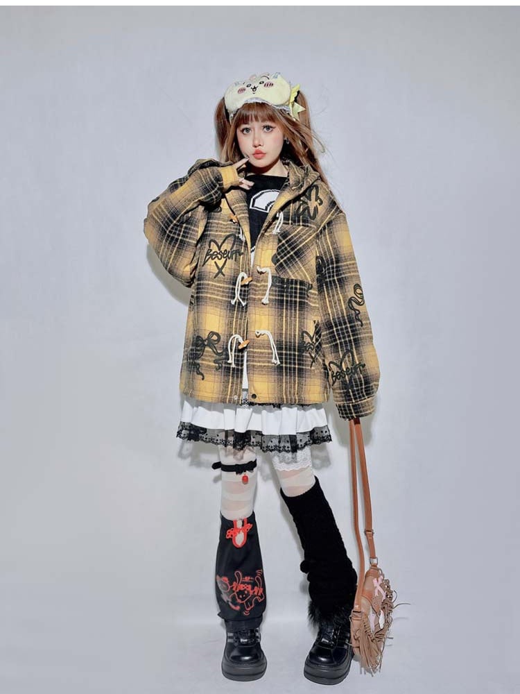 Yellow Brown Plaid Bow Hooded Coat