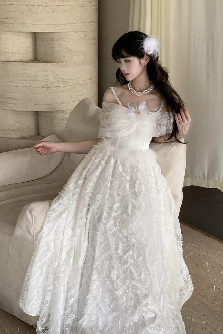 White Off Shoulder Jacquard Embroidered Bow Gothic Lolita Jsk Dress - Moonlight