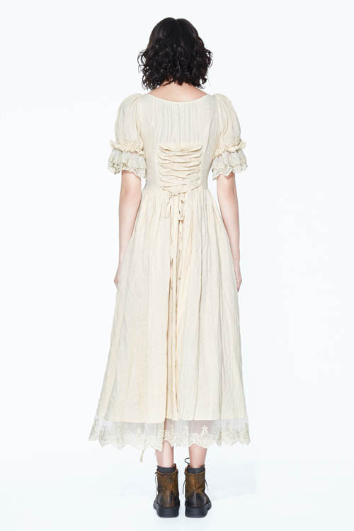 Vintage Punk Embroidered Lace Drawstring Dress - Creamy White