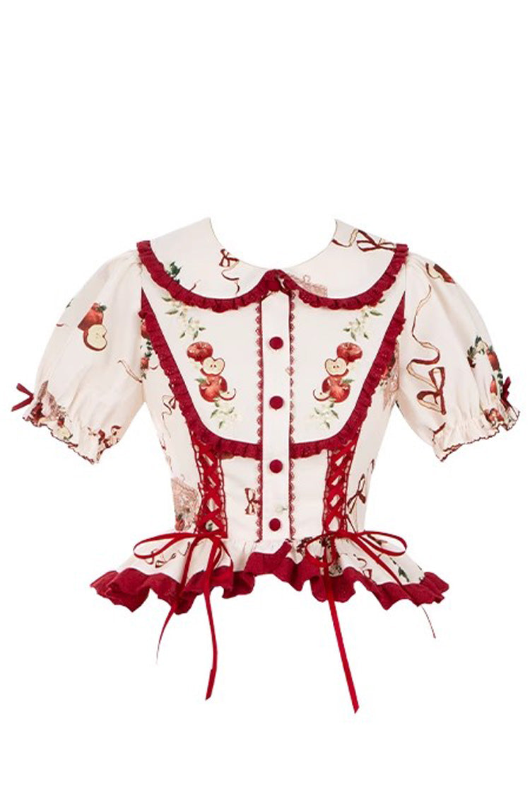 Crimson Beige Triple-Layered Apple Orchard Printed Ruffled Embroidered Sweet Lolita Maxi Skirt