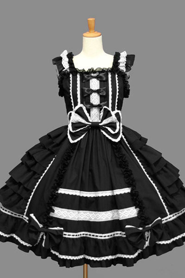 Square Neck Lace Trimmed Cap Sleeve Ruffled Lolita Dress