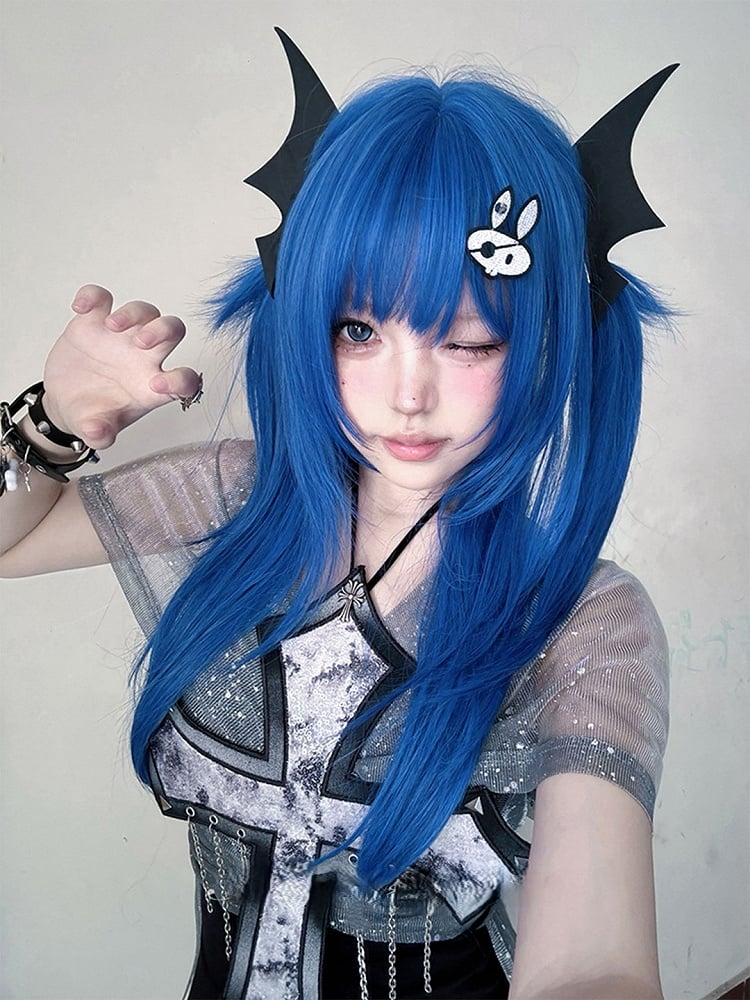 Bangs Length Straight 63CM Blue Full With Wig