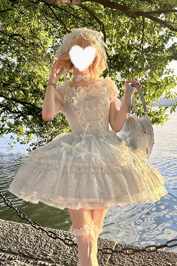 Cerulean Sleeveless Ruffle Bow Lace Corset Sweet Jumper Dress - Candy House