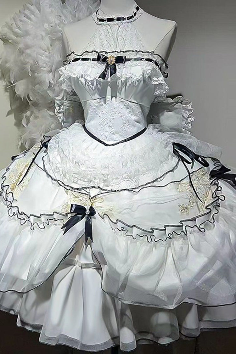 Cascade Poem Sleeveless Multi-Layered Ruffled Hanayome Bow Lace Gothic Plus Size Gorgeous Lolita JSK Short Dress - White