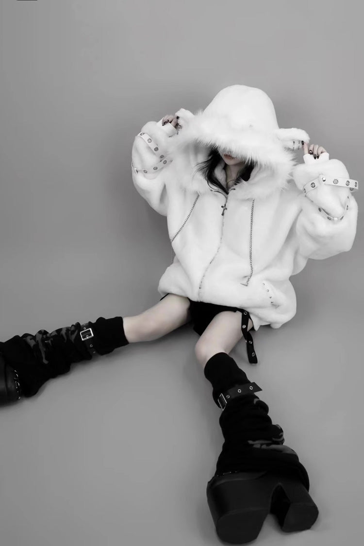 Ivory Lamb Ear Hooded Rivet Punk Japanese Jirai Kei Jacket