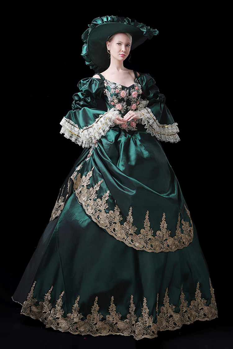 Trumpet Sleeve High Waisted Victorian Gown - 3D Flower Embroidery