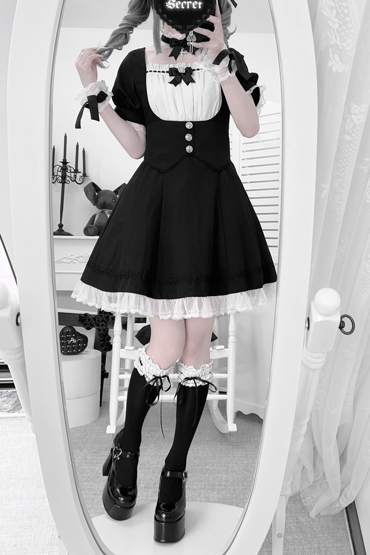 Monochrome Short Sleeve Ruffle Bow Cross Waist Maid Sweet Japanese Dress Set