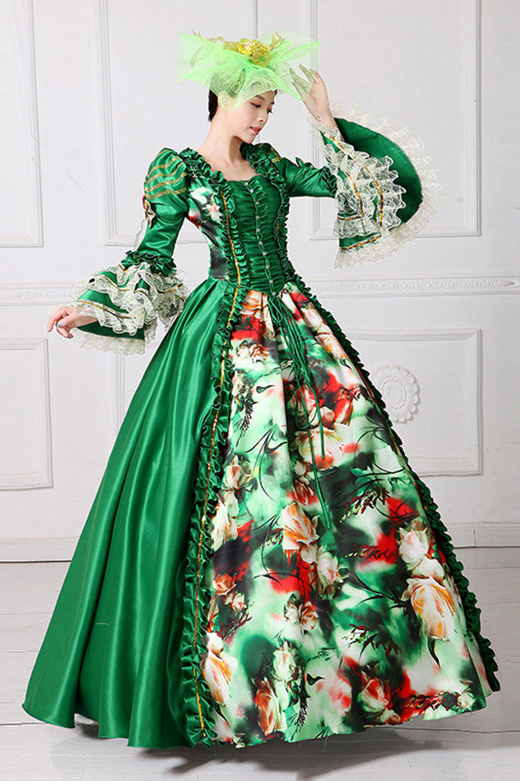 Victorian Lolita Prom Dress with Floral Print, Trumpet Sleeves, High Waist