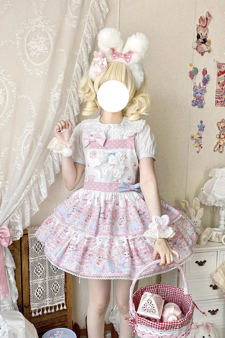Pink Bunny & Bear Tea Party Sleeveless Double-Layered Printed Ruffled Bow Lace Sweet Strap Dress