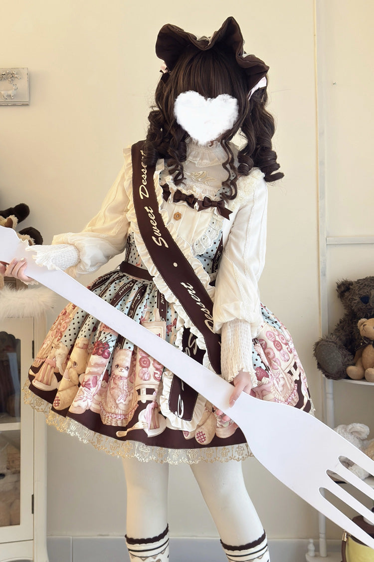 Multi-Color Cat Chocolate Patisserie Sleeveless Printed Ruffled Bow Lace Sweet Strap Dress