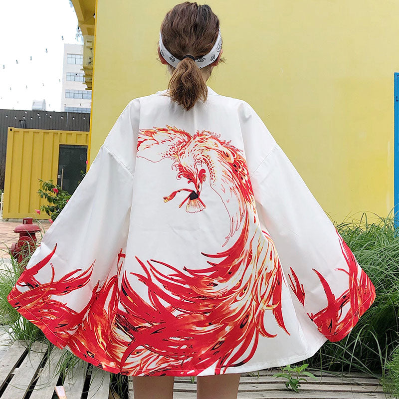 Vivid Phoenix Print Kimono Outerwear Sun Protective
