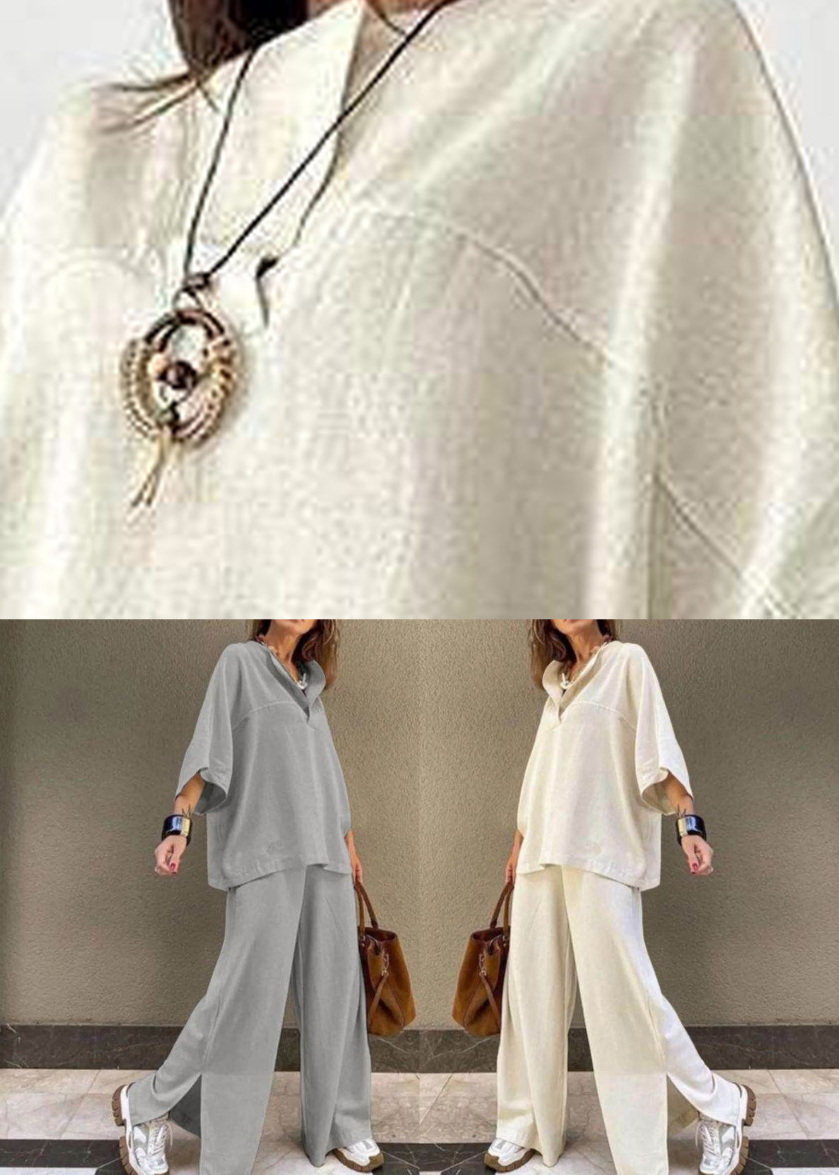 And Pants Leg Top Wide Two White Patchwork Set Pieces O-Neck Art