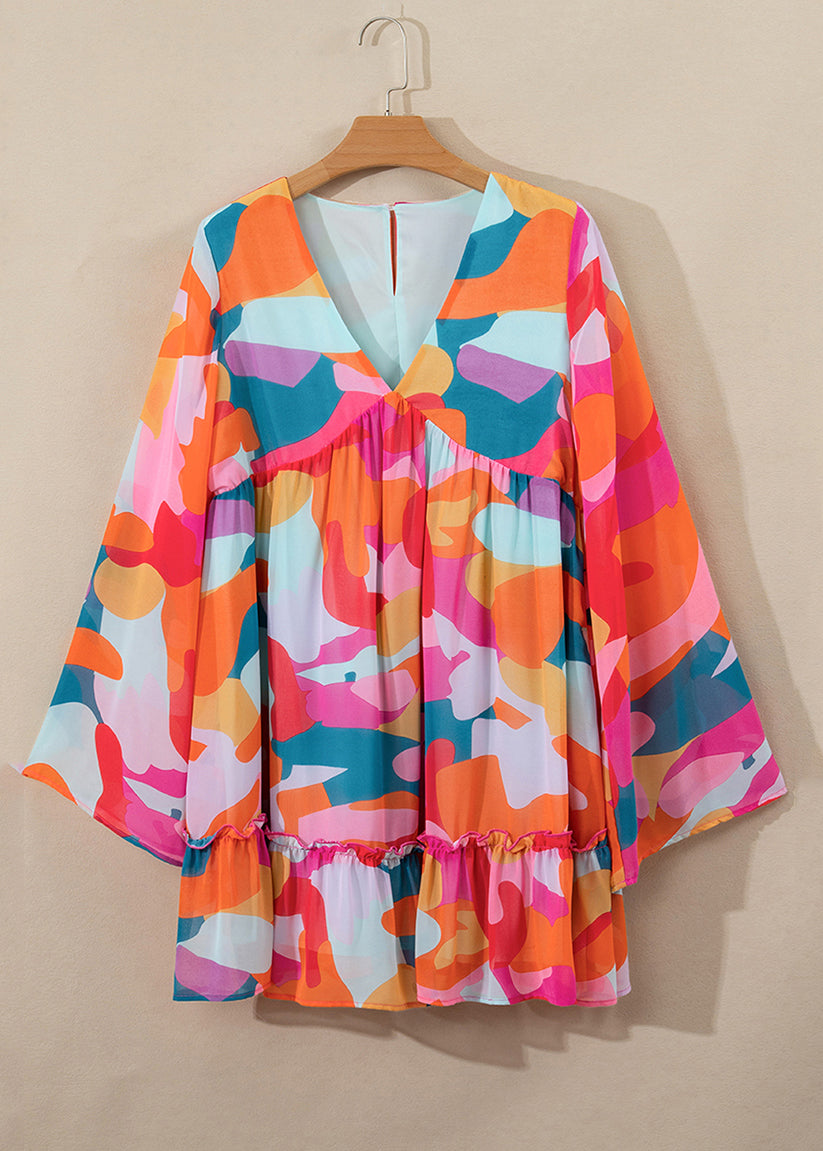 Fall Print Mid Red Dresses Wrinkled Boho Chiffon