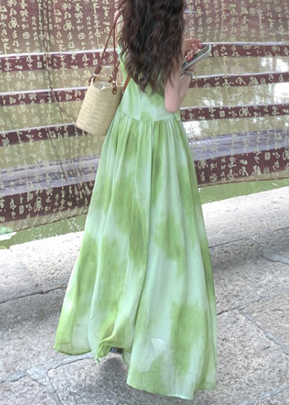 Chiffon V Maxi Tie Dye Boutique Vacation Neck Sleeveless Green Dresses
