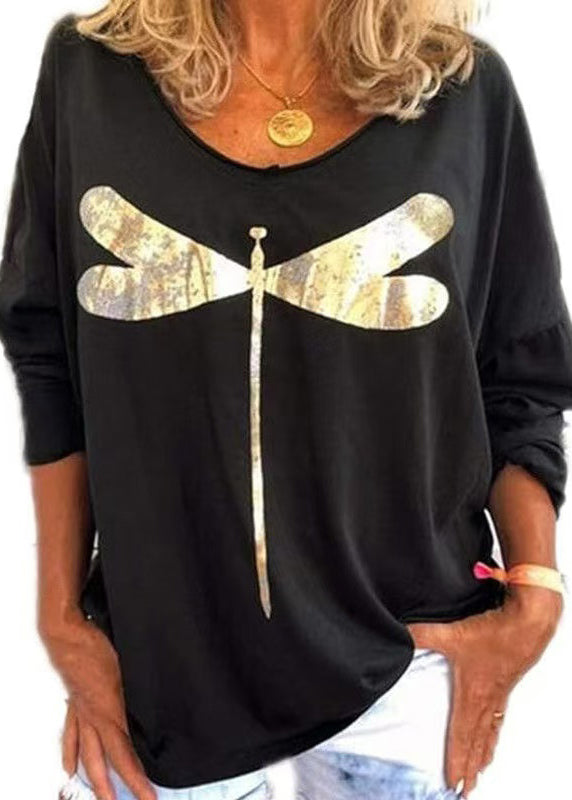 Casual Cotton Black Sweatshirts Long Print O Sleeve Neck