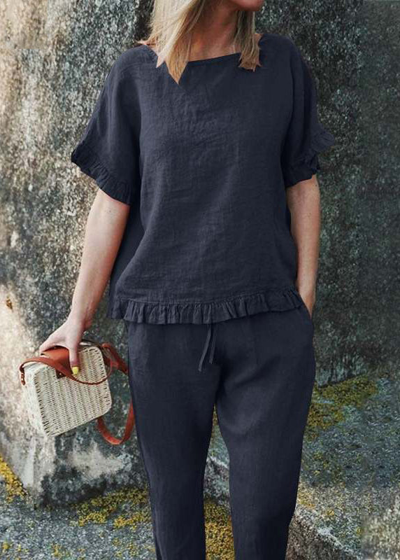 Top Black Ruffled Patchwork Crop Casual And Pants Two Solid