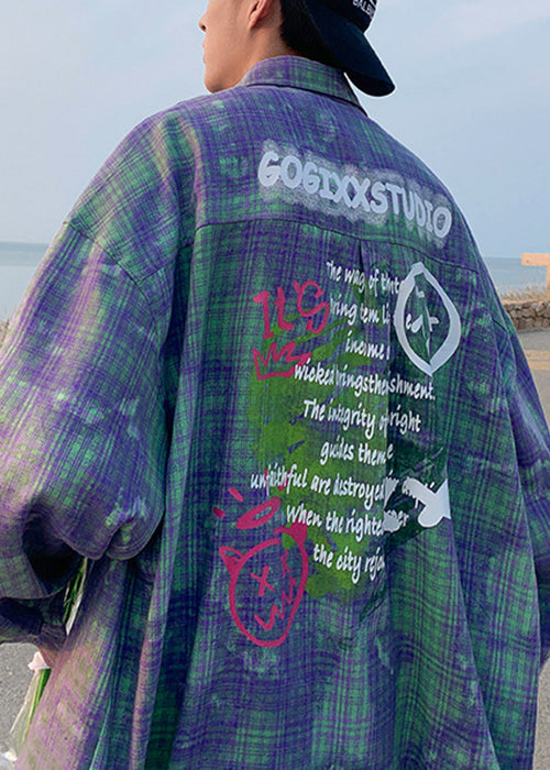 Green Tie Spring Shirts Men's Dye Oversized Chic Plaid Cotton