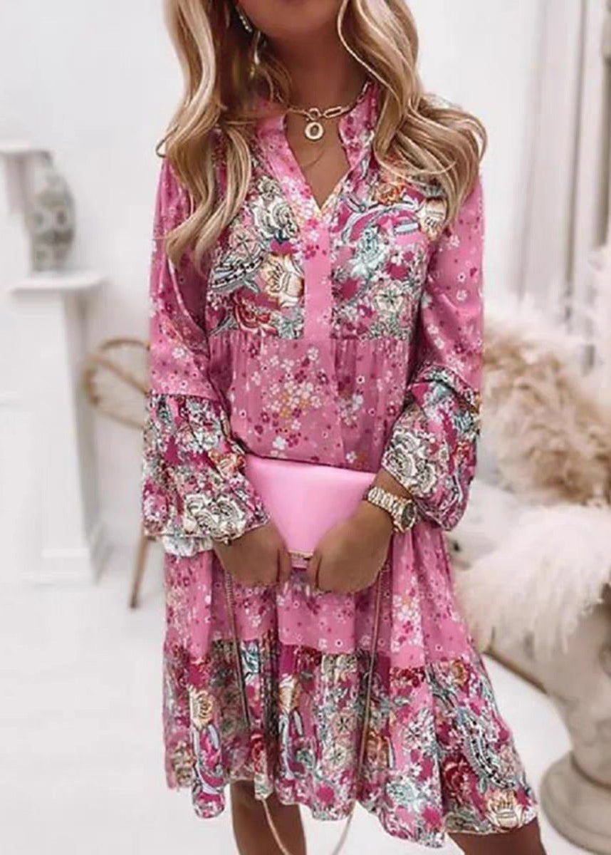 Fall Pink Neck Fashion Dresses Wrinkled Print V Mid
