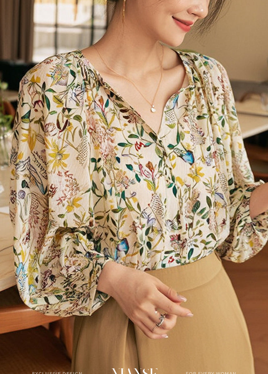 Sleeve V Shirts Fashion Print Neck Lantern