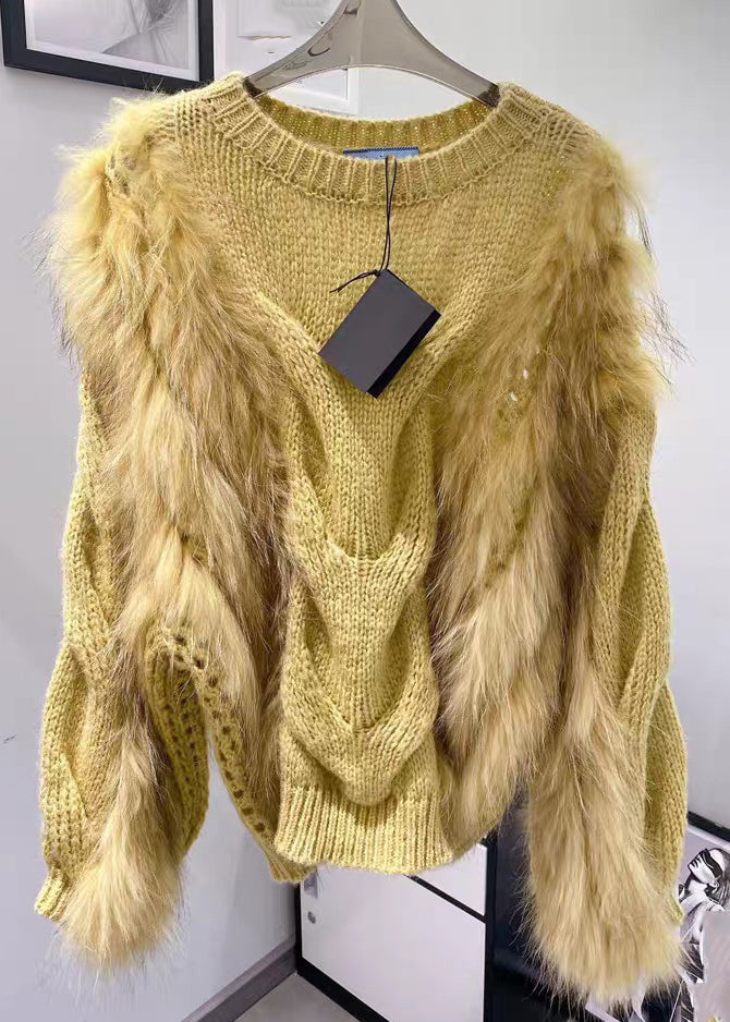 Yellow O-Neck Knit Fashion Fluffy Fur Cozy Sweaters Fuzzy Cotton Fall