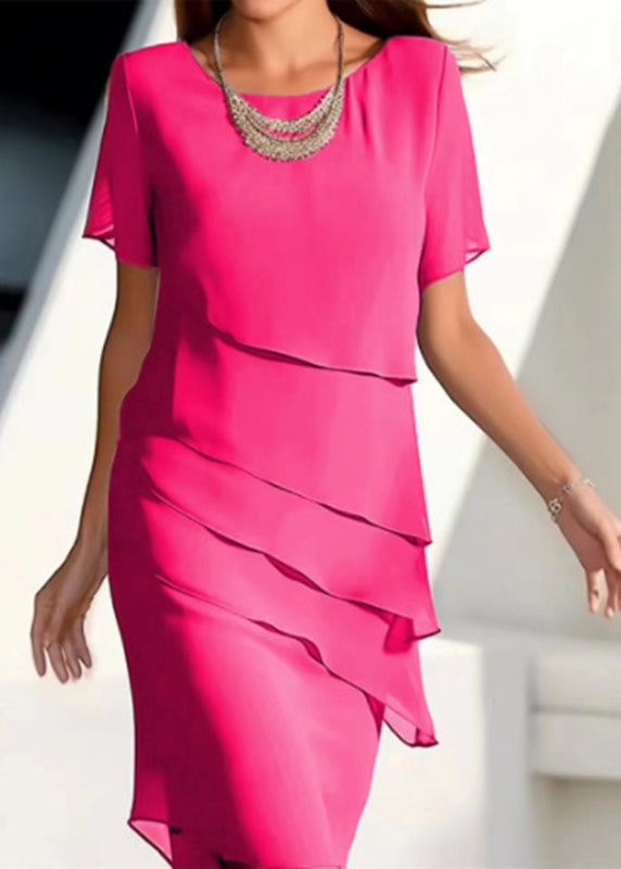 Maxi Chiffon Short Layered Khaki Dresses Solid O-Neck French