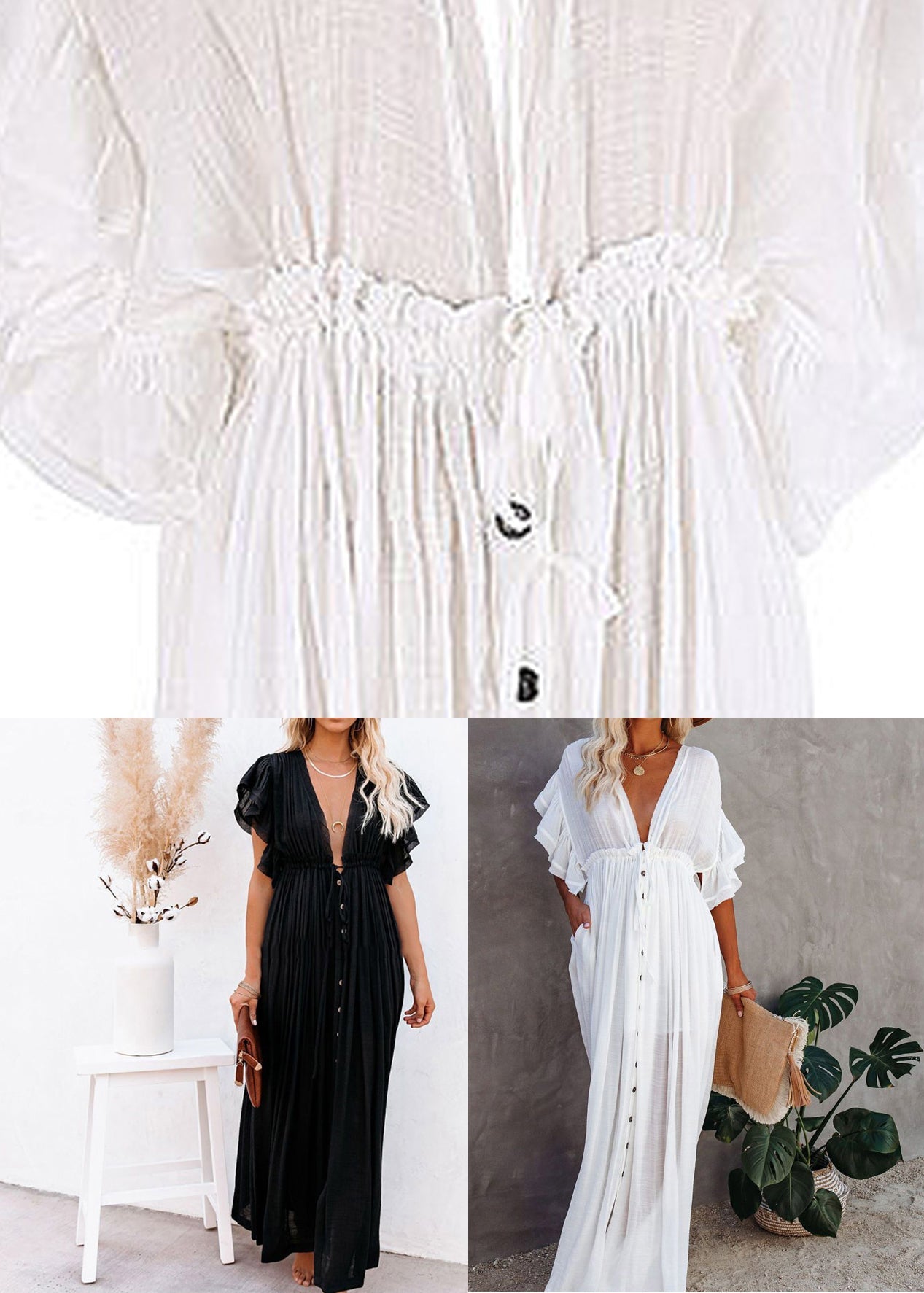 White Dress French V Button Neck Sleeve Short Maxi