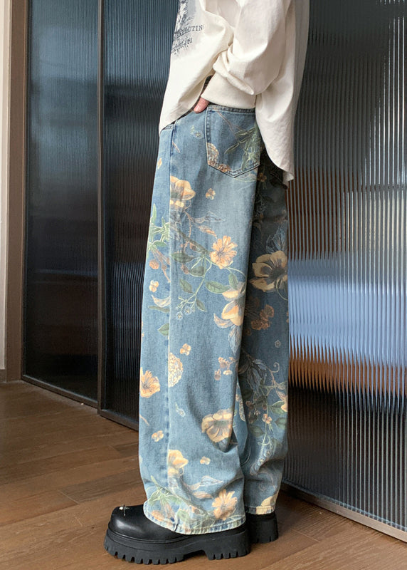 Handmade Denim Blue Pockets Print Mens Trousers Summer GEM554