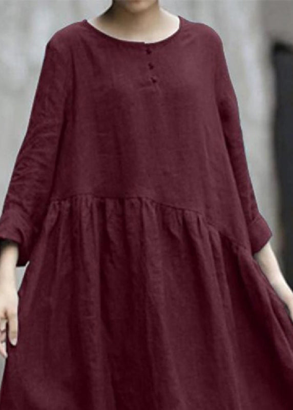 Handmade Robe O-Neck Dresses Patchwork Pockets Fall Red