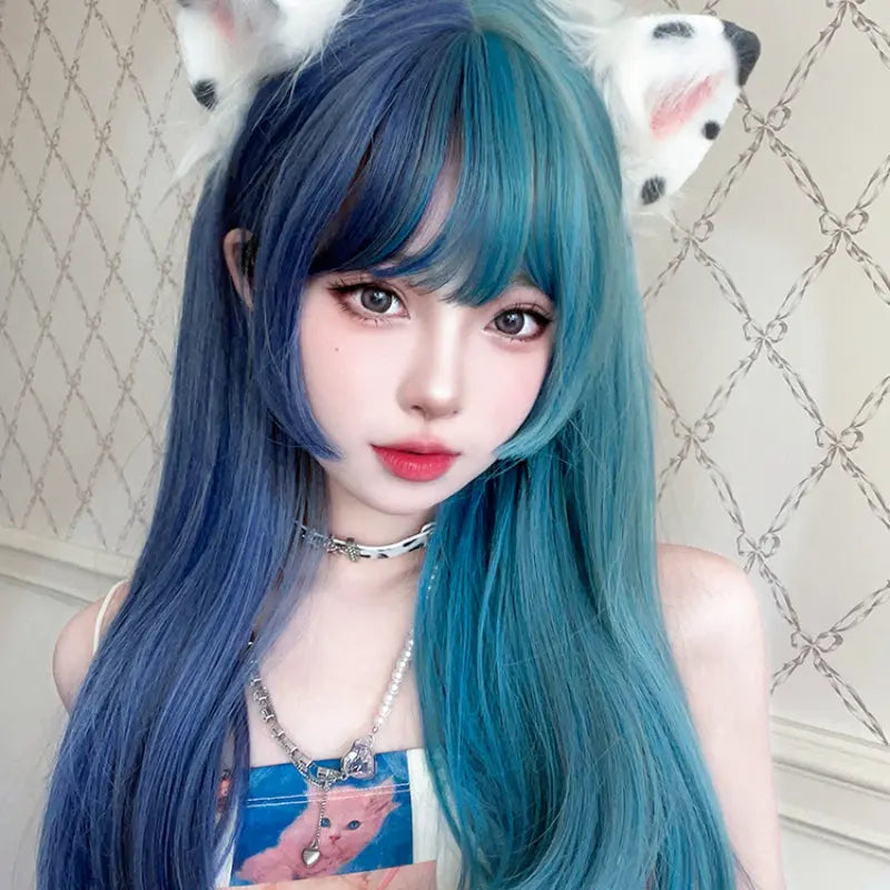Kawaii Aesthetic Y2K Cute Fairy Harajuku Half Blue and Half Teal Wig ON1468 spreepickyshop